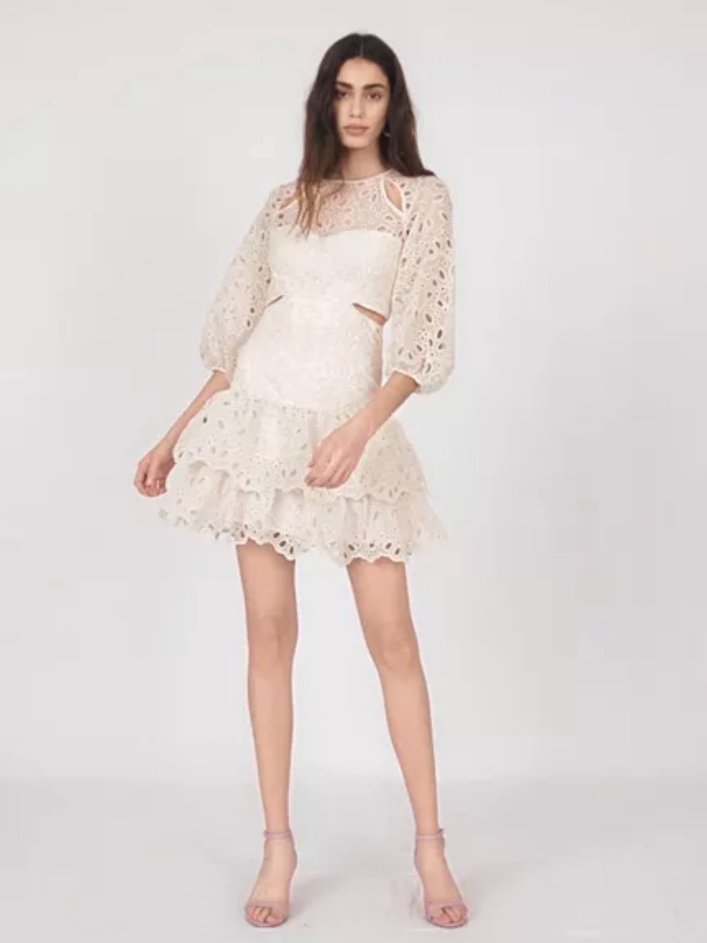 Avantlook Cream Eyelet Cutout Mini Dress With Puff Sleeves